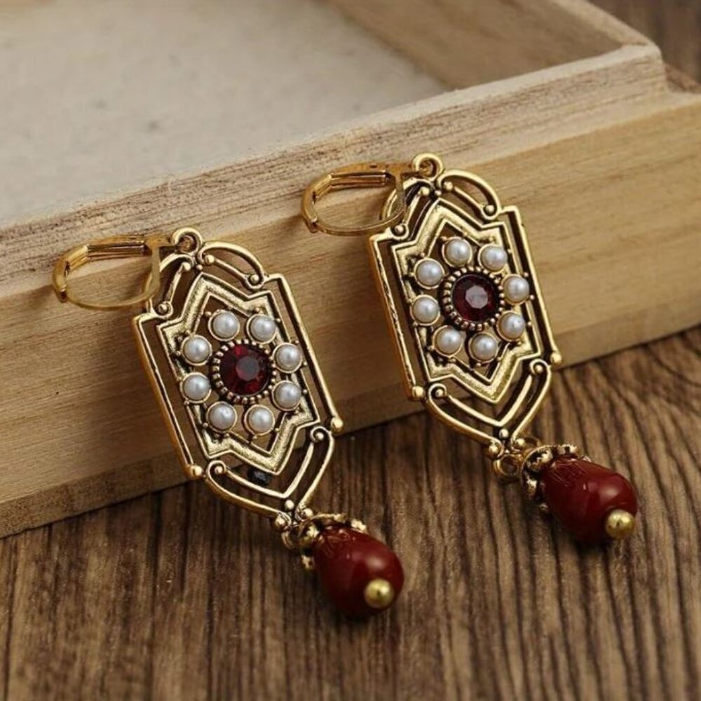 NEW Anastasia Edwardian Antique Gold and Red Seed Pearl Drop Earrings - Picture 4 of 5